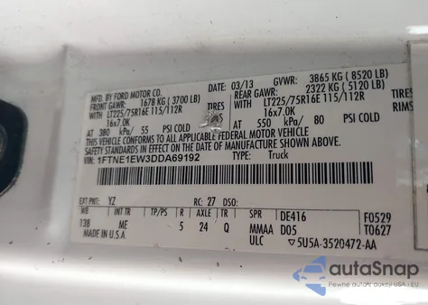 2013 Ford E-150 Commercial z USA, uszkodzony, nr VIN 1FTNE1EW3DDA69192